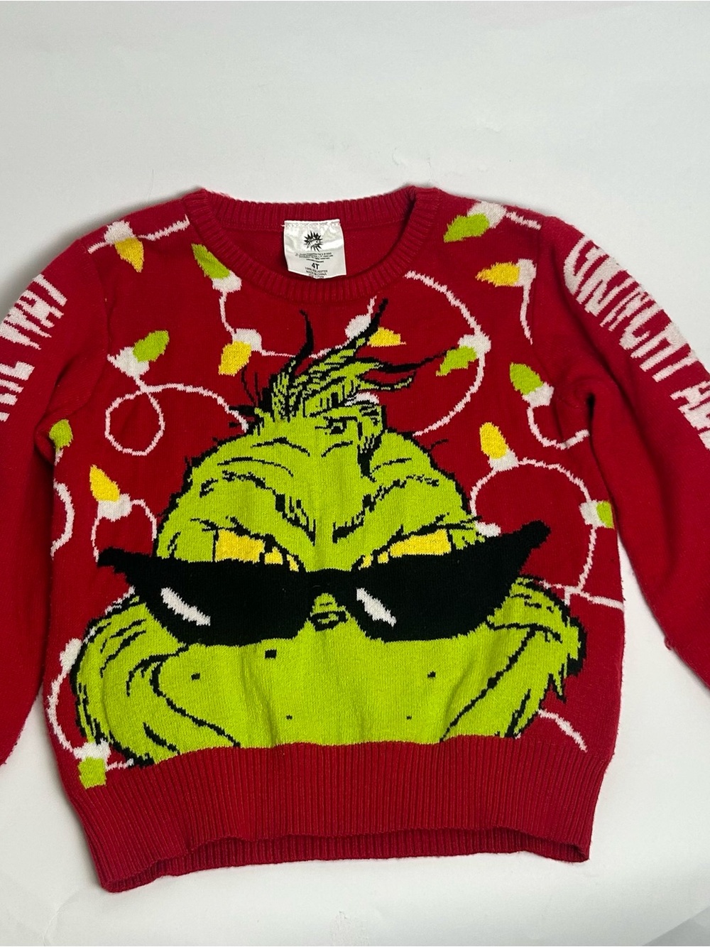 Dr. Seuss Red Crewneck Sweater with Green Grinch and Black Sunglasses